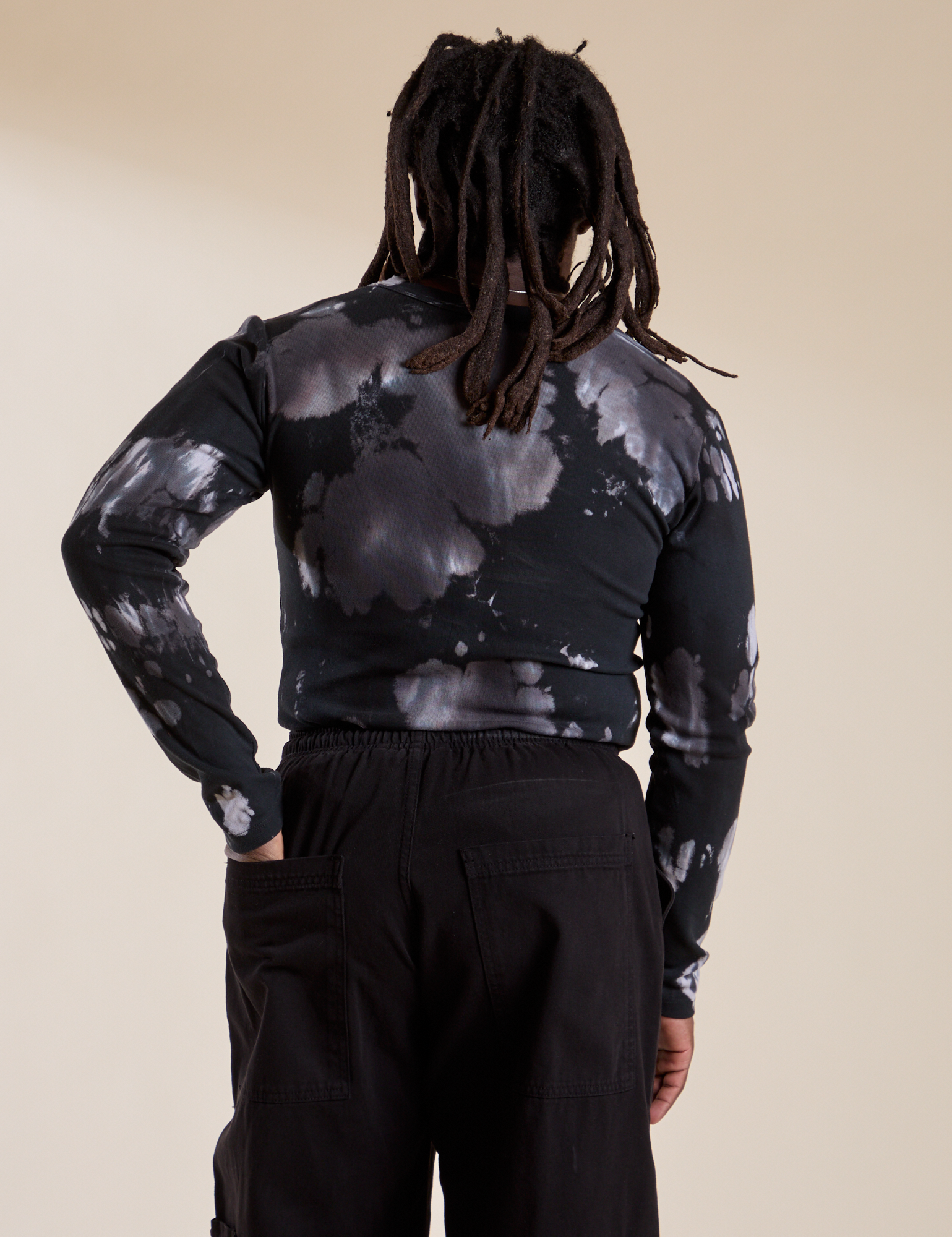 Long Sleeve Baby Tee in Ink Blot back view on Demi