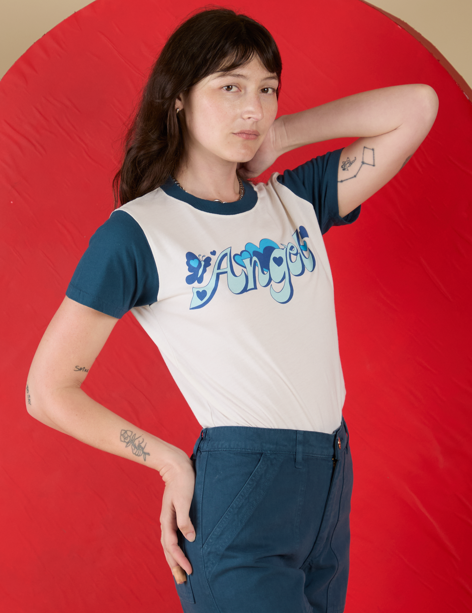 Angled front view of Vintage Tee in Angel on Alex