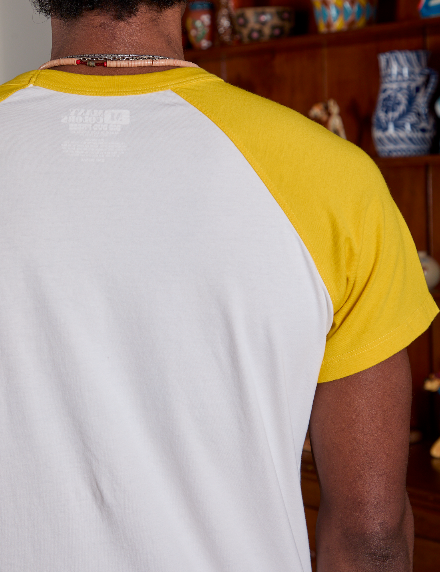 Short Sleeve Raglan Tee in Mushrooms back close up on Jerrod
