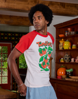 Side view of Short Sleeve Raglan Tee in Tomatoes on Jerrod