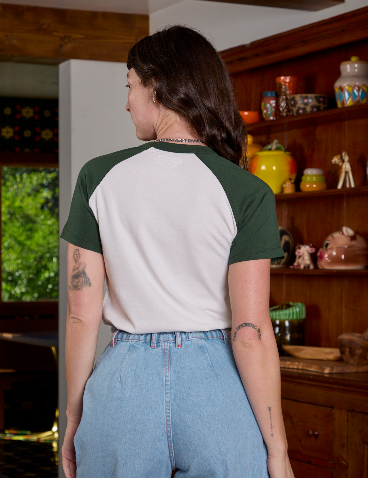 Short Sleeve Raglan Tee in Veggies back view on Alex