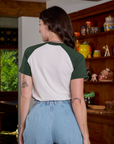 Short Sleeve Raglan Tee in Veggies back view on Alex