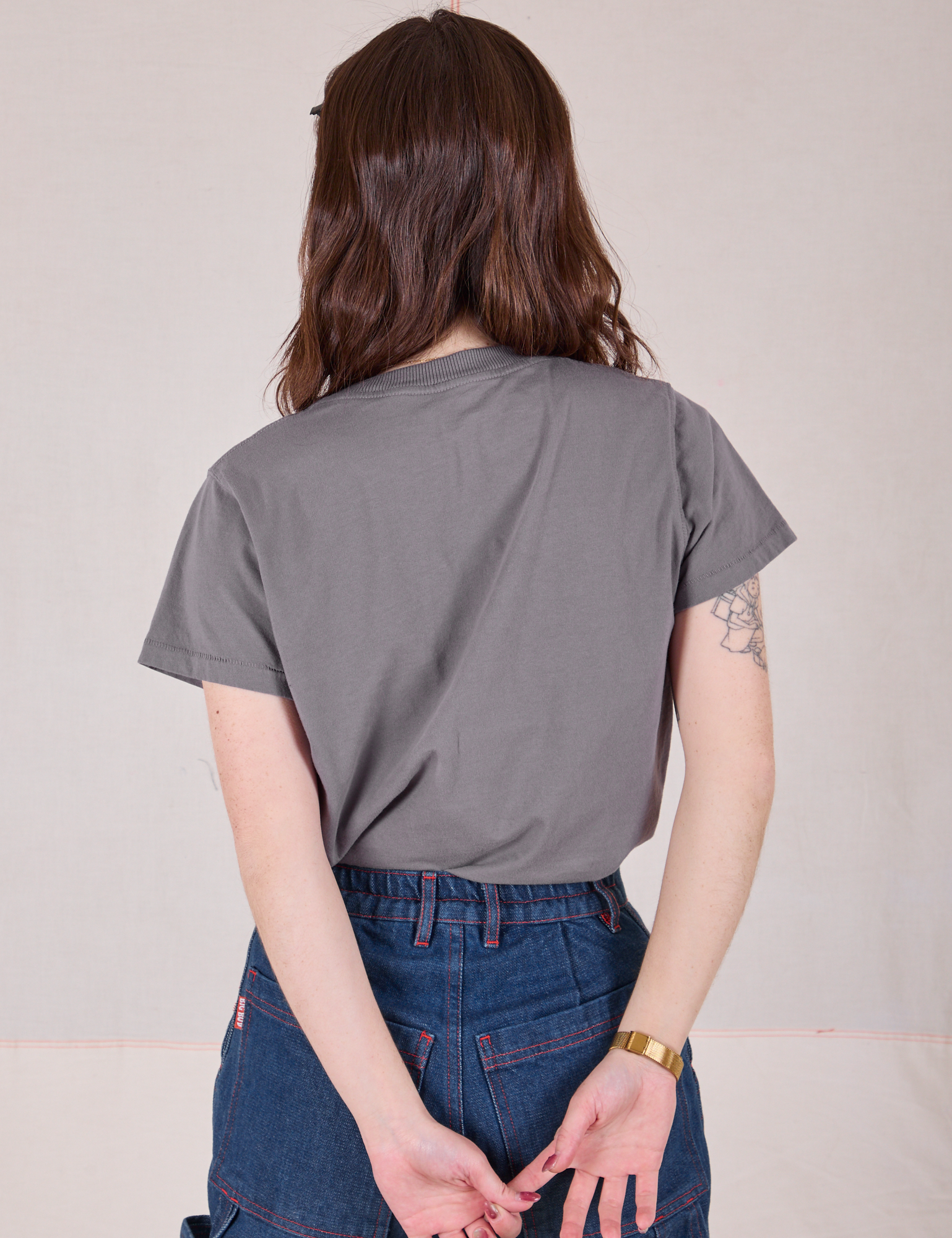 Back view of Organic Vintage Tee in Washed Grey on Hana