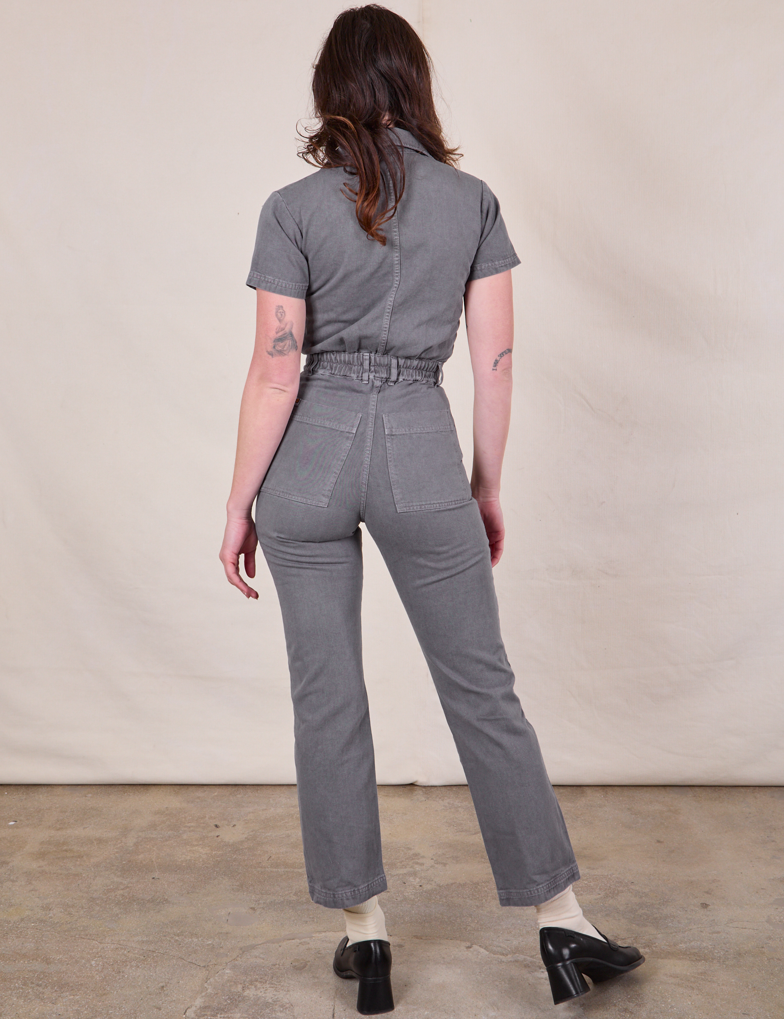 Short Sleeve Jumpsuit in Washed Grey back view on Alex