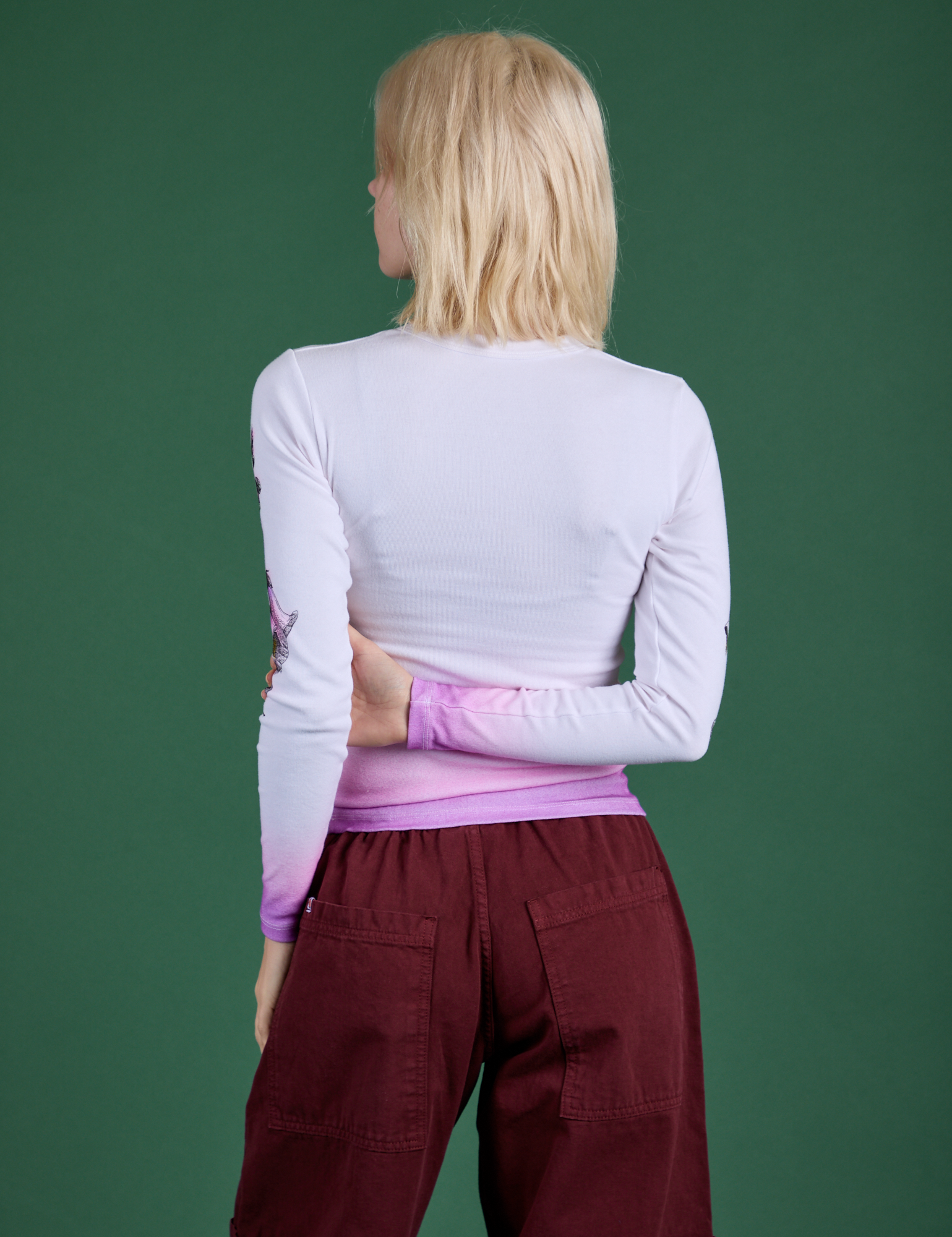 Floral Long Sleeve Baby Tee in Pink back view on Madeline