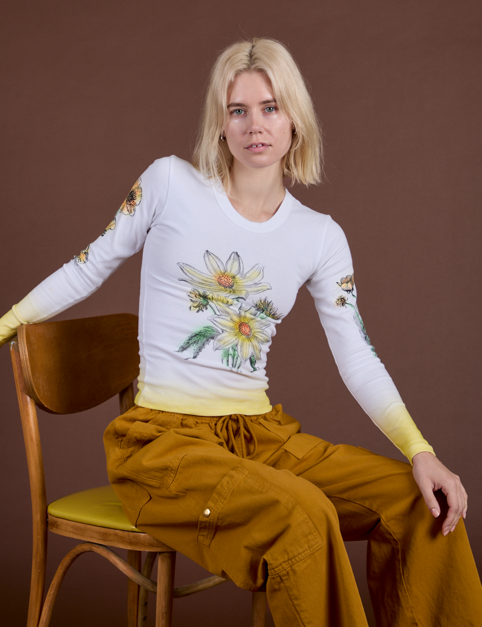 Floral Long Sleeve Baby Tee in Yellow worn by Madeline