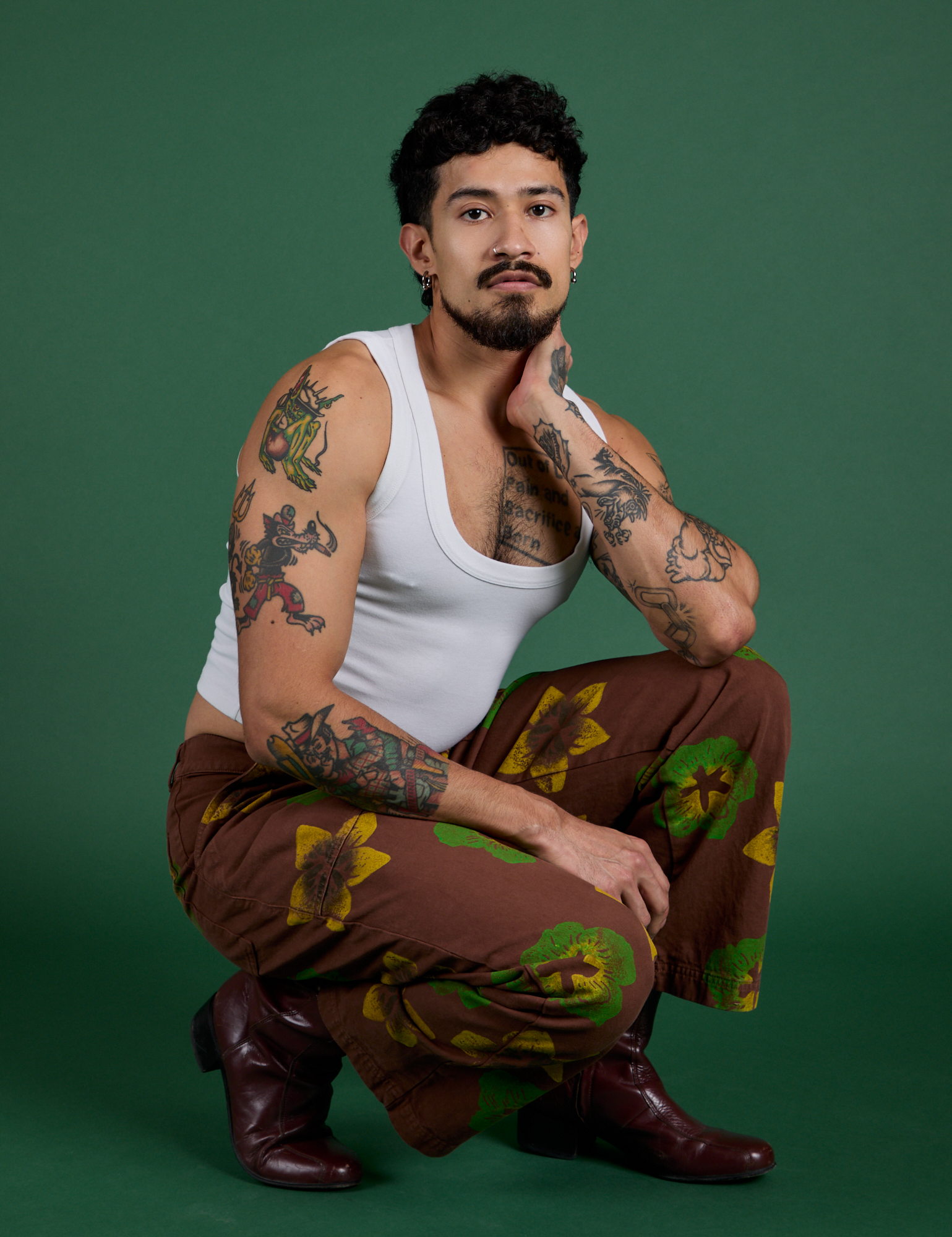 Floral Painted Work Pants in Brown and vintage tee white Cropped Tank on Jesse
