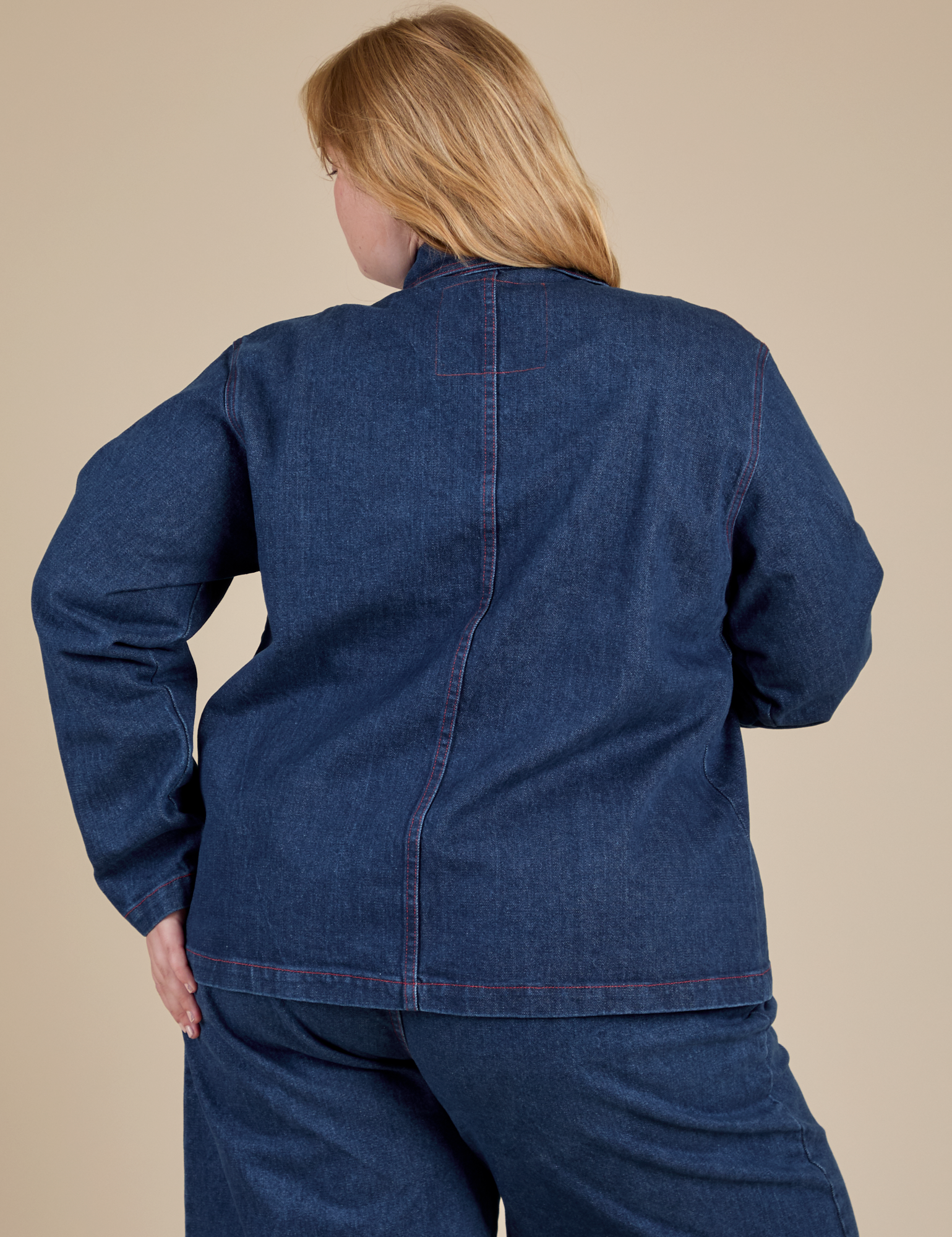 Indigo Denim Work Jacket in Dark Wash back view on Juliet