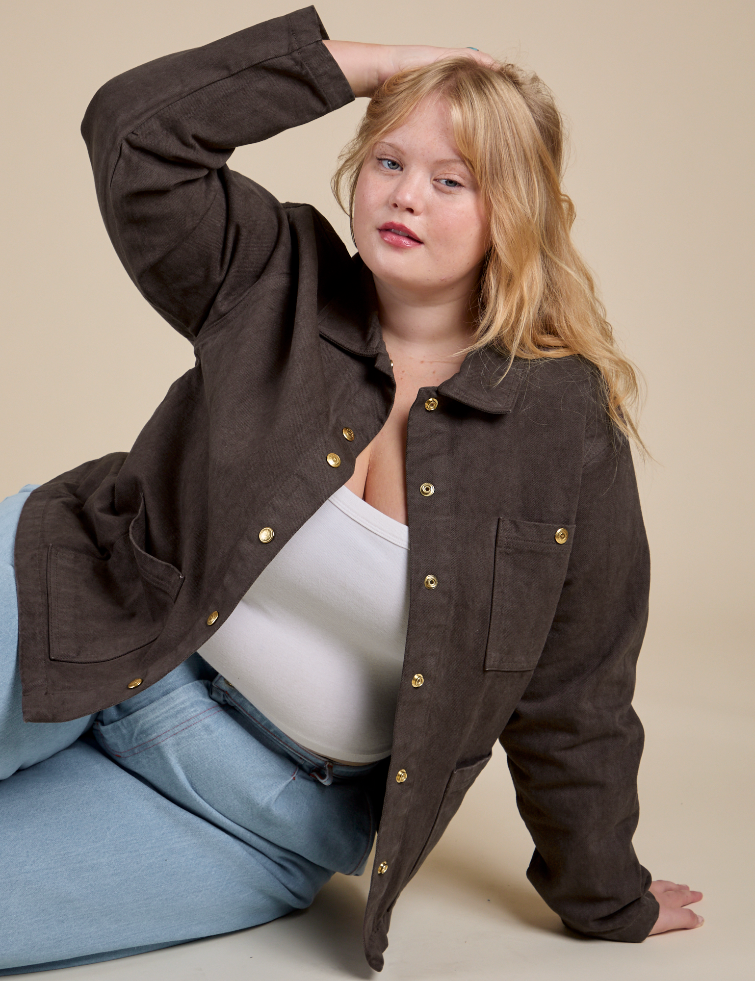 Denim Work Jacket in Espresso Brown worn by Juliet