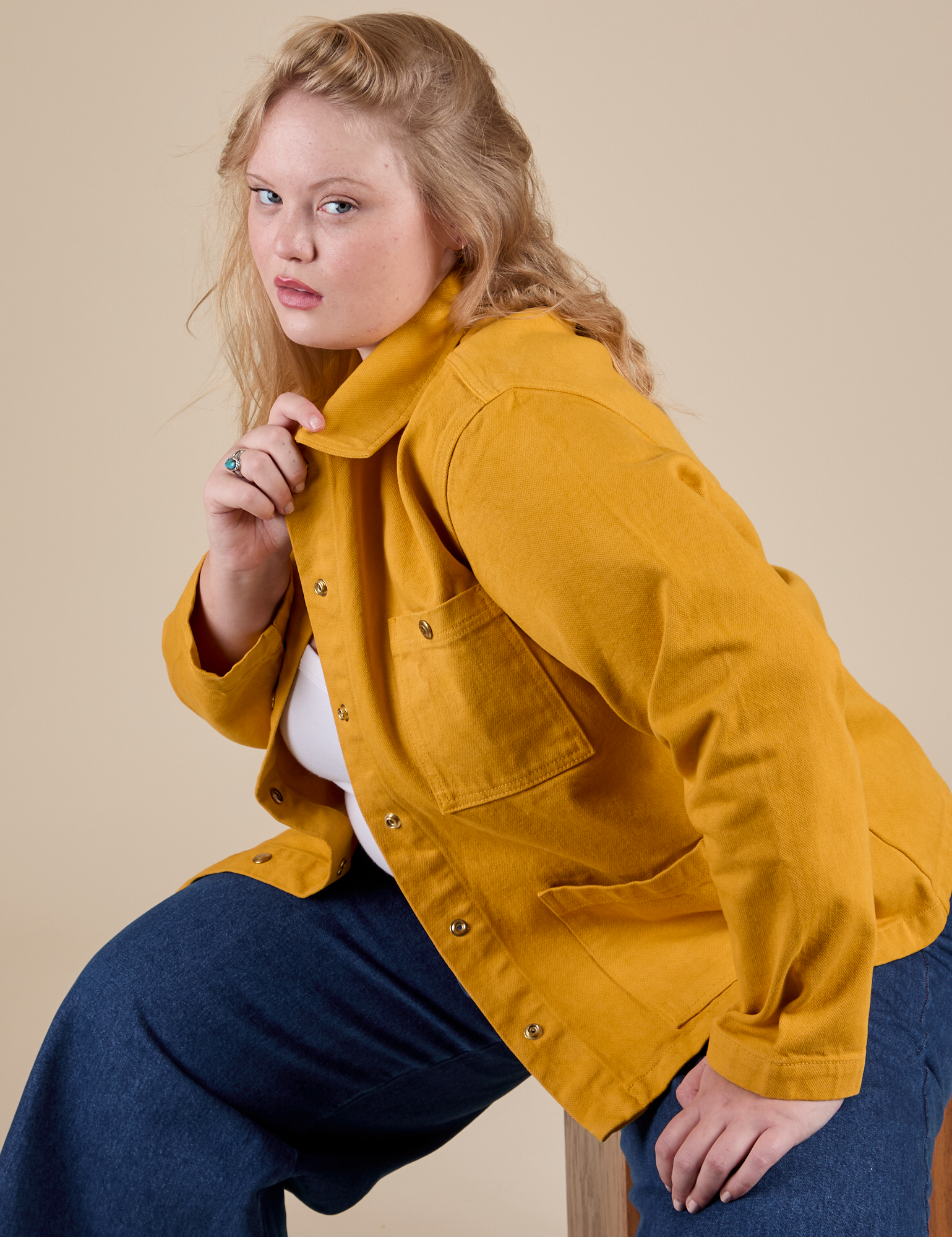 Denim Work Jacket in Mustard Yellow on Juliet