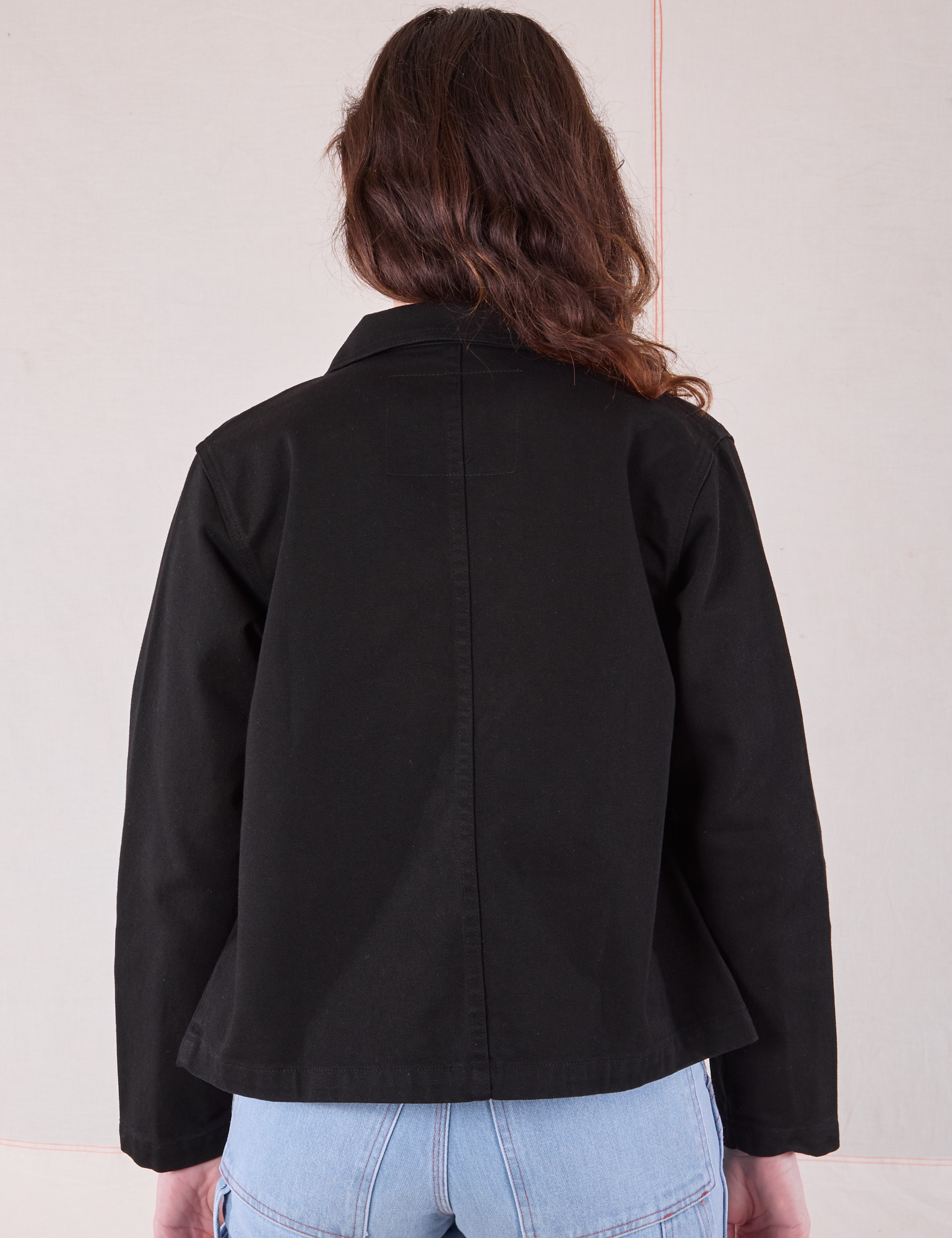 Denim Work Jacket in Basic Black back view on Alex