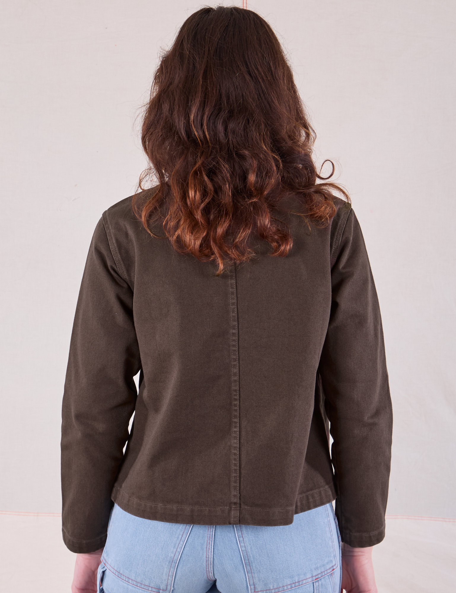 Denim Work Jacket in Espresso Brown back view on Alex