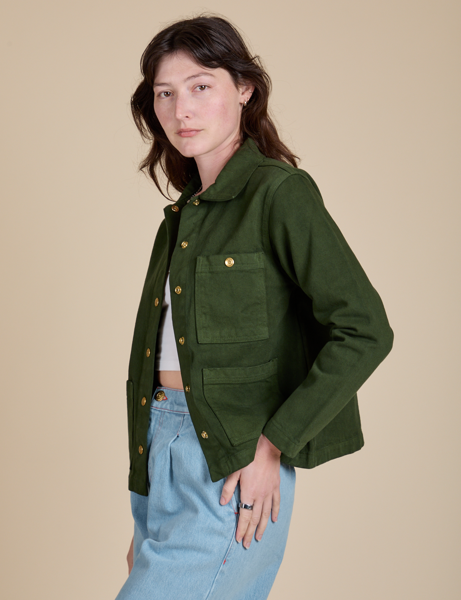 Denim Work Jacket in Evergreen side view on Alex