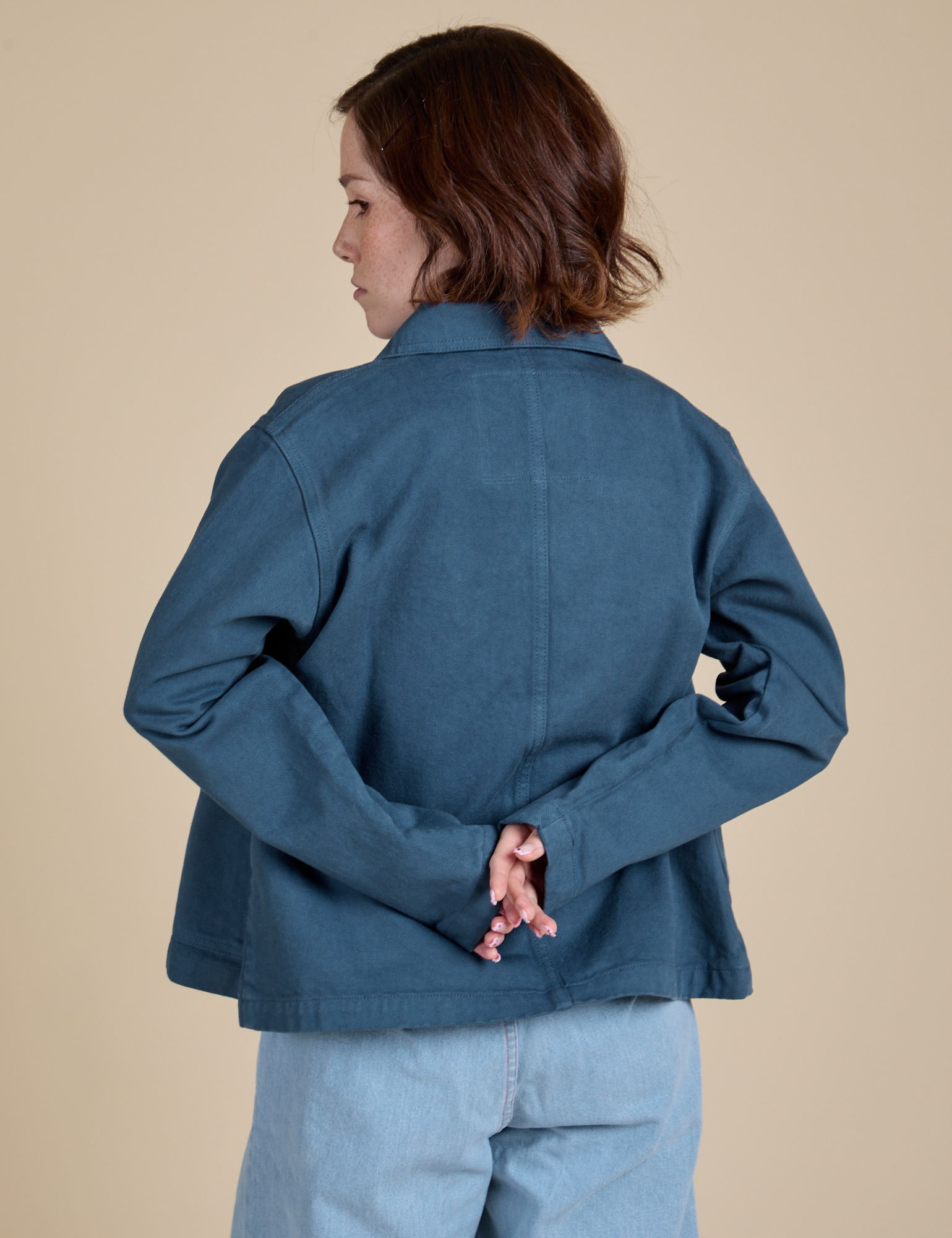 Denim Work Jacket in French Blue back view on Hana