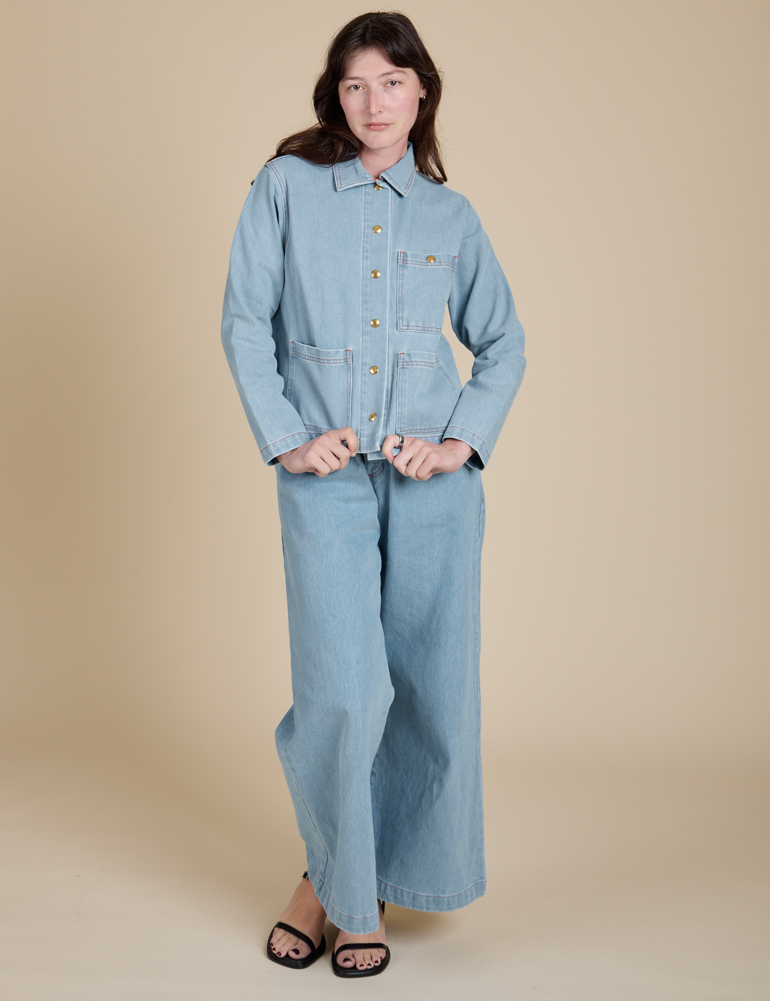 Indigo Denim Work Jacket in Light Wash and light wash Indigo Wide Leg Trousers on Alex