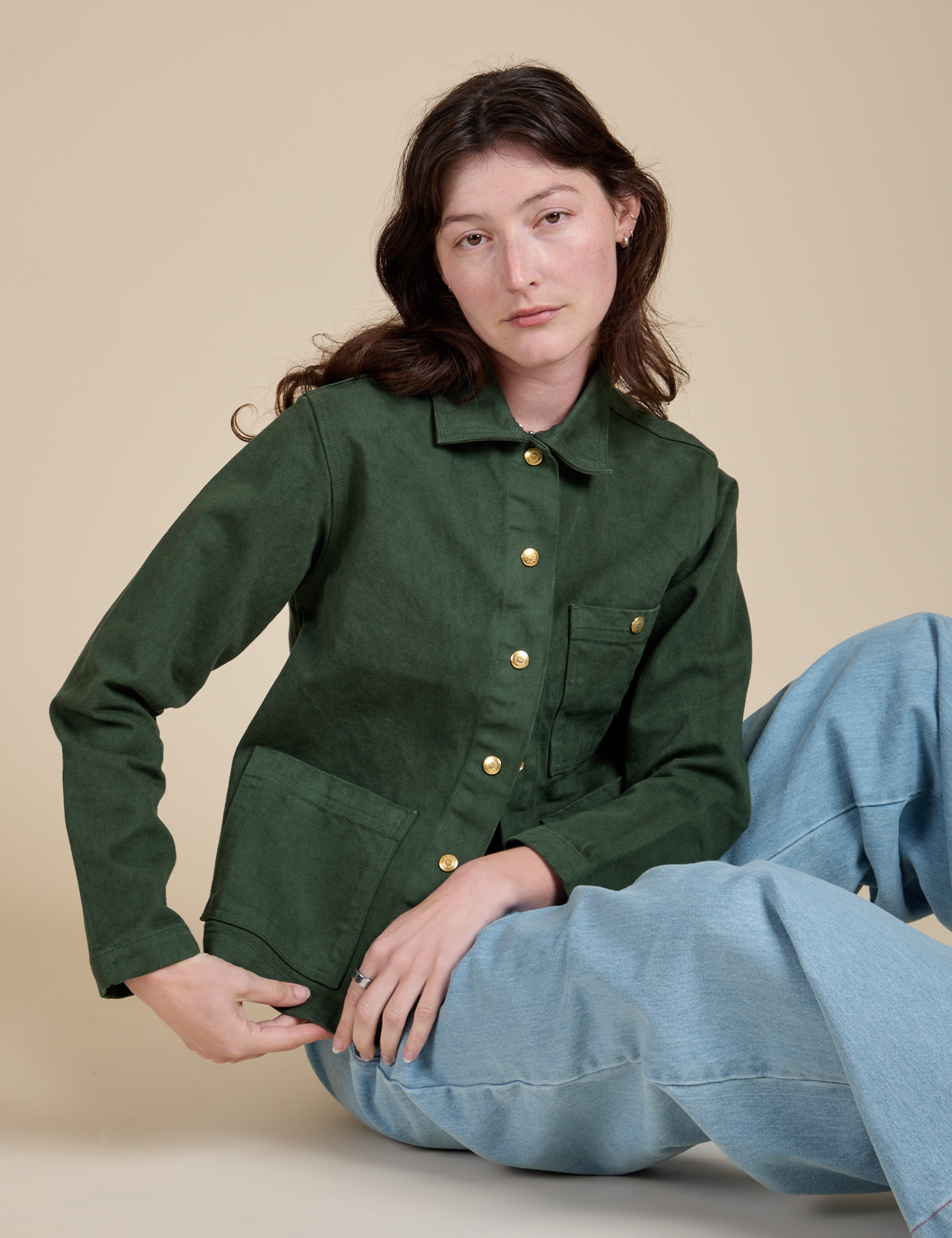 Denim Work Jacket in Swamp Green worn by Alex