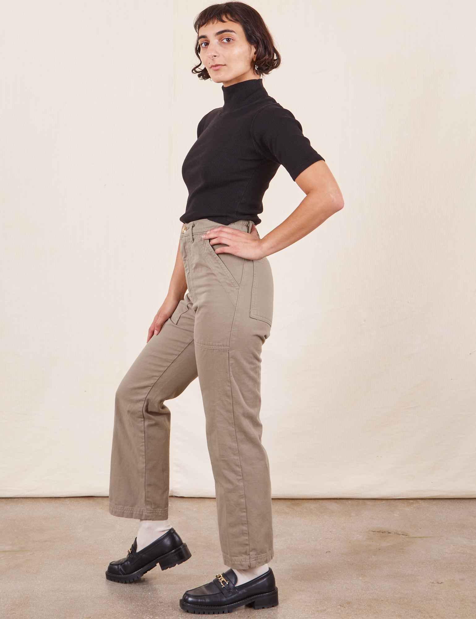Work Pants in Khaki Grey side view on Soraya wearing black 1/2 Sleeve Turtleneck