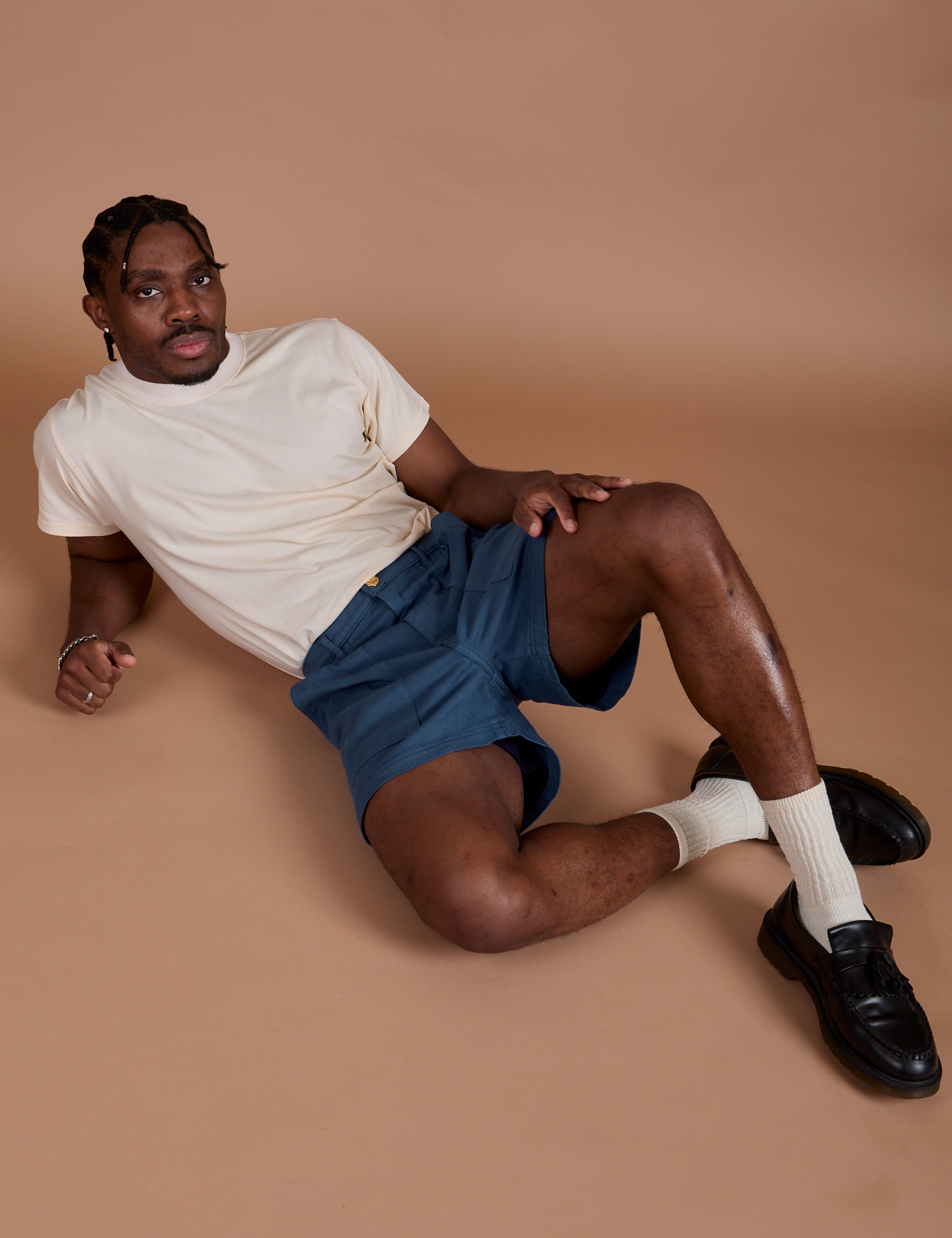 Classic Work Shorts in French Blue and Organic Vintage Tee in Vintage Off-White on Isaac