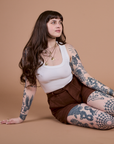 Classic Work Shorts in Fudgesicle Brown and Cropped Tank in Vintage Tee White on Sydney