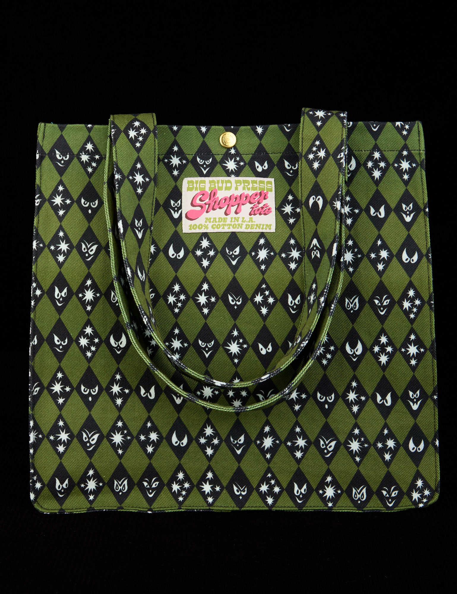 Shopper Tote in green and black Glowing Eyes print