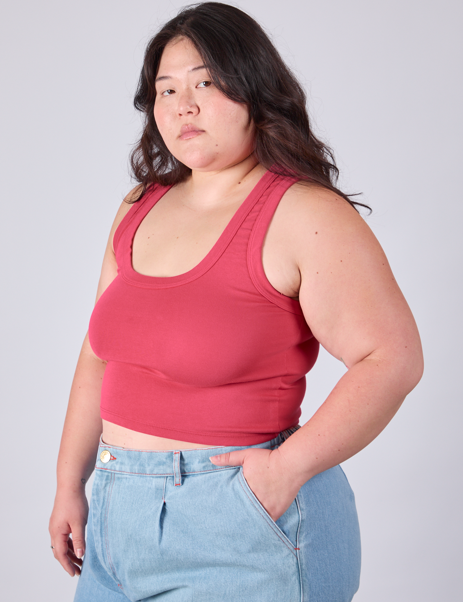Cropped Tank Top in Hot Pink angled front view on Ashley