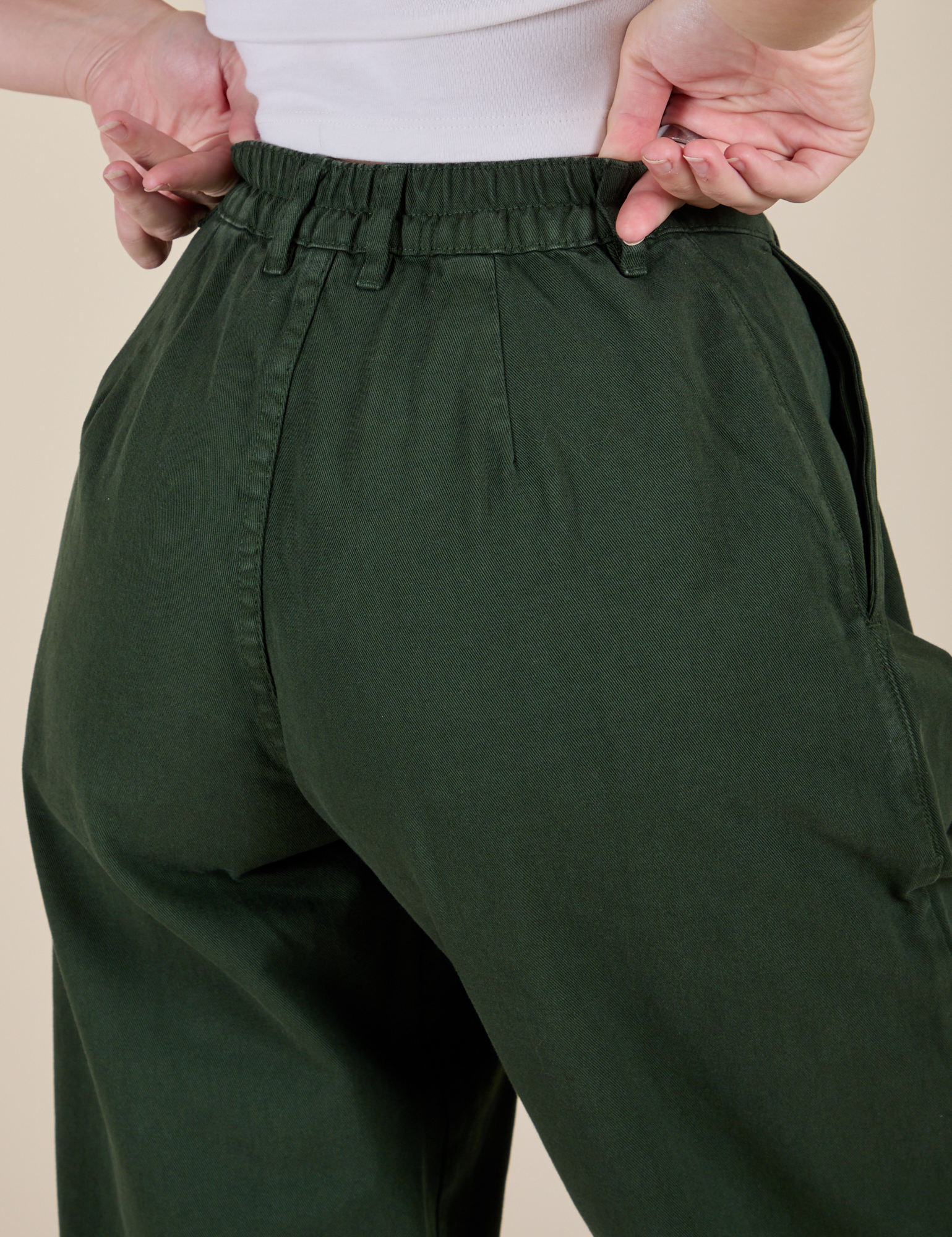 Close up back view of Heavyweight Trousers in Swamp Green on Alex