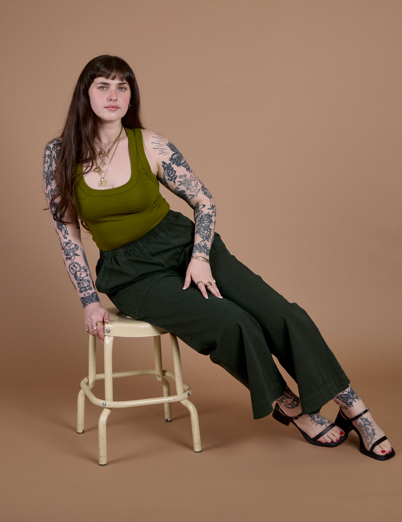 Action Pants in Swamp Green and olive green Cropped Tank on Sydney