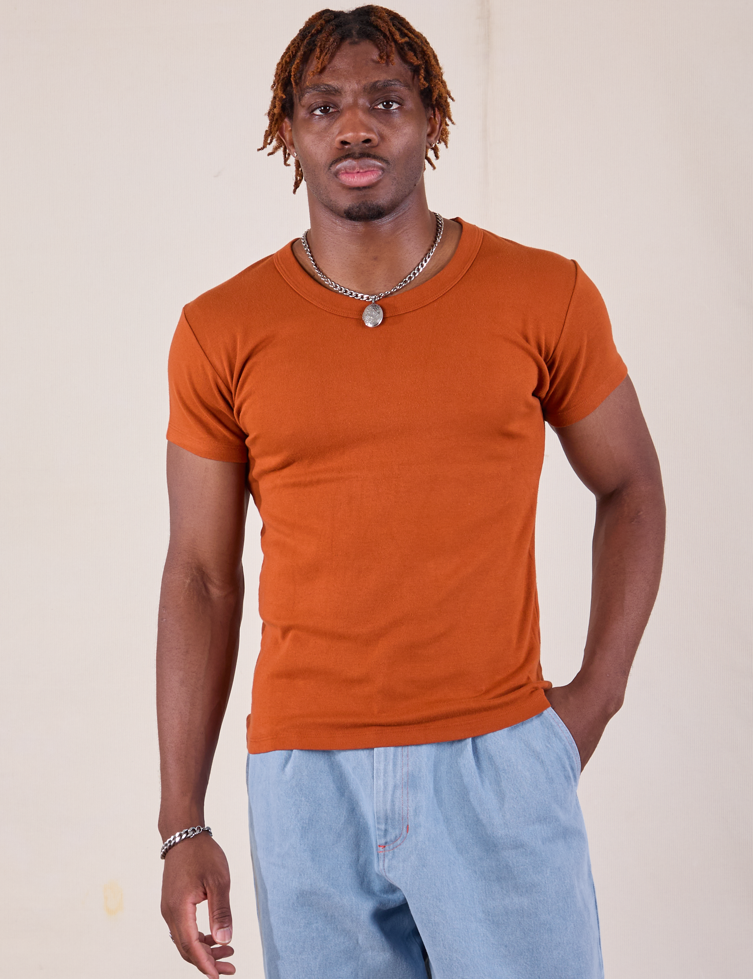 Baby Tee in Burnt Terracotta worn by Isaac