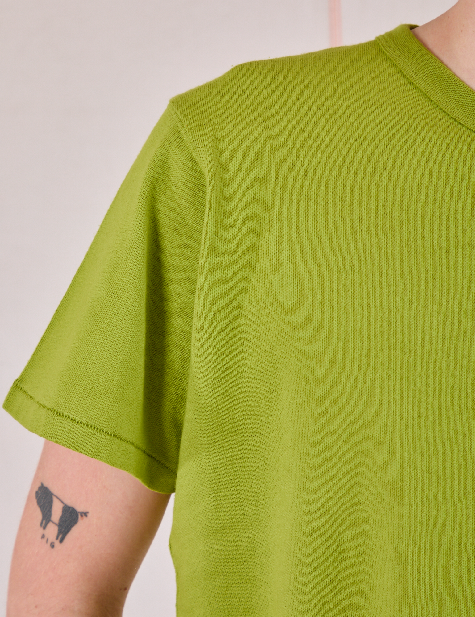 Burly Tee in Gross Green front sleeve close up on Quinn