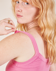 Cropped Cami in Bubblegum Pink shoulder strap close up on Margaret