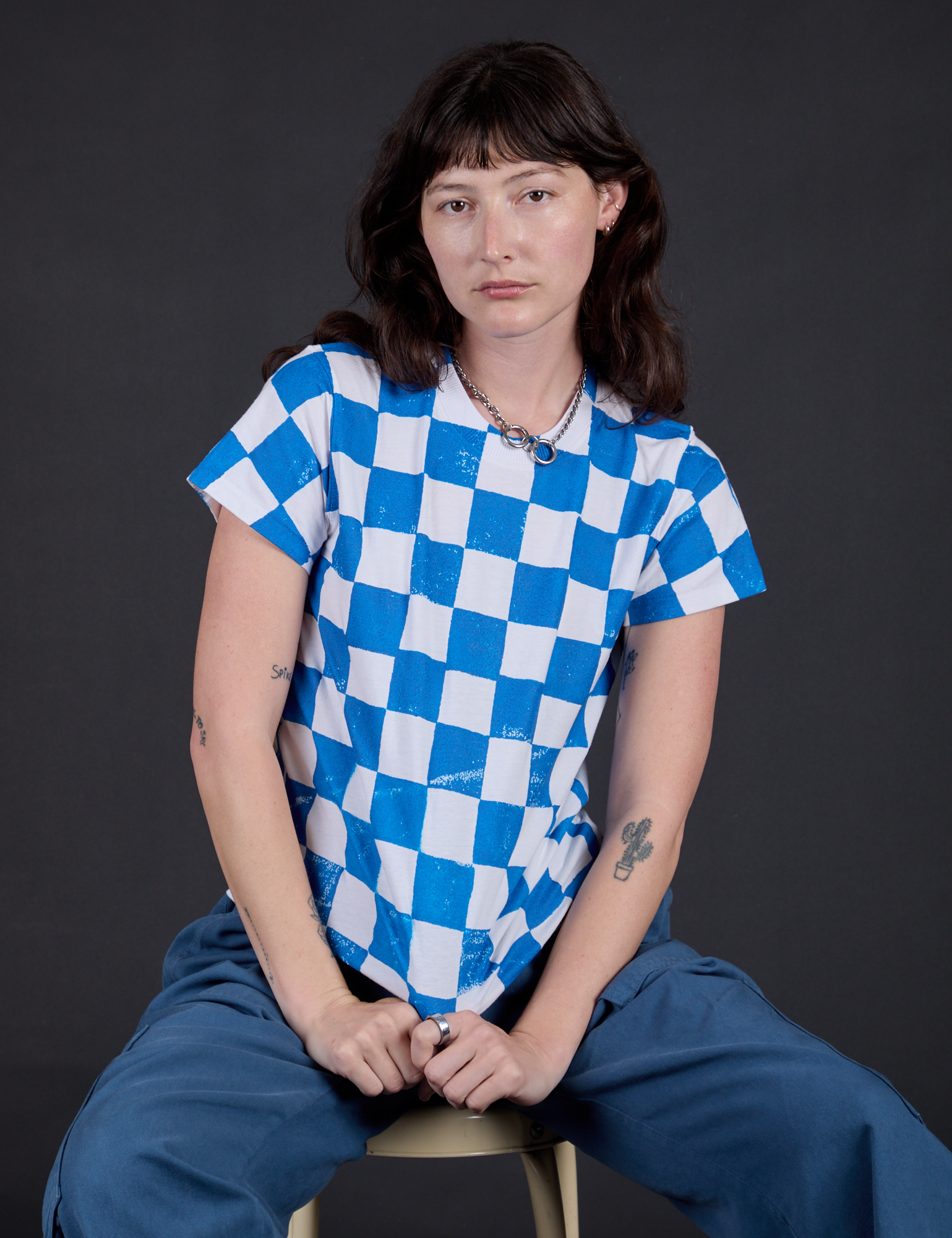 Checker Organic Tee in Blue on Alex