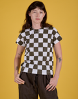 Alex is 5'8" and wearing P Checker Organic Tee in Espresso Brown