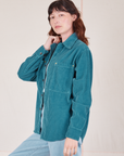 Angled front view of Corduroy Overshirt in Marine Blue on Alex