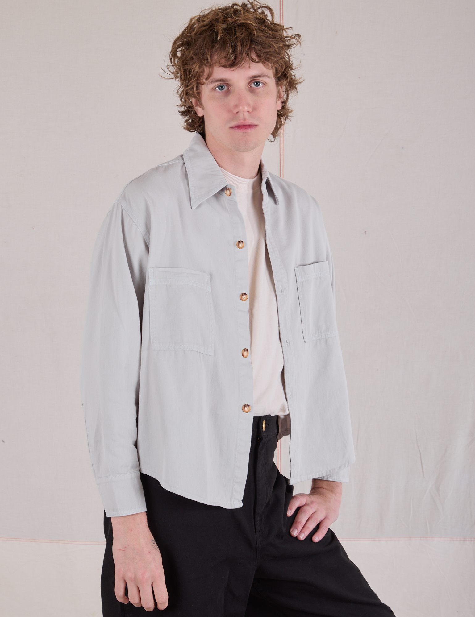 Cropped Overshirt in Stone White angled front view on Quinn