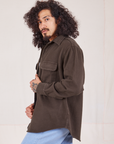 Side view of Flannel Overshirt in Espresso Brown on Jesse
