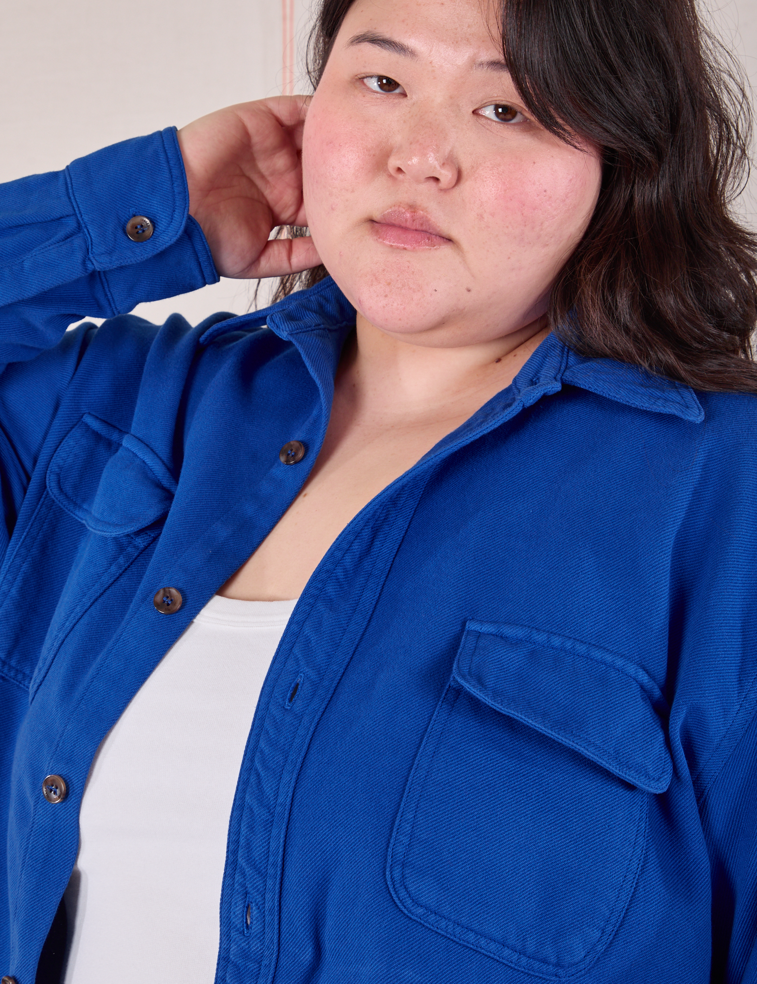 Flannel Overshirt in Royal Blue front close up on Ashley