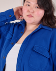 Flannel Overshirt in Royal Blue front close up on Ashley