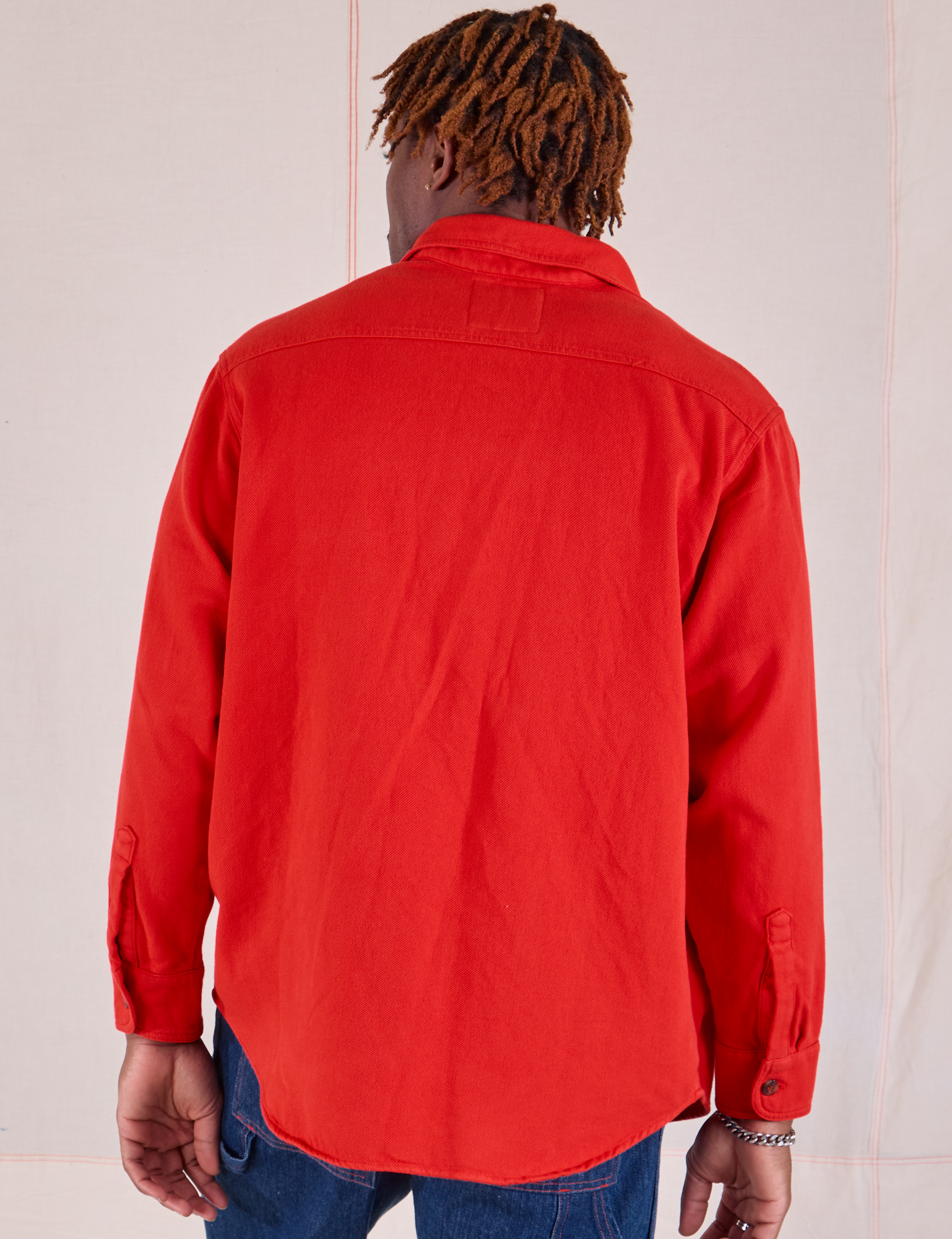 Flannel Overshirt in Mustang Red back view on Isaac