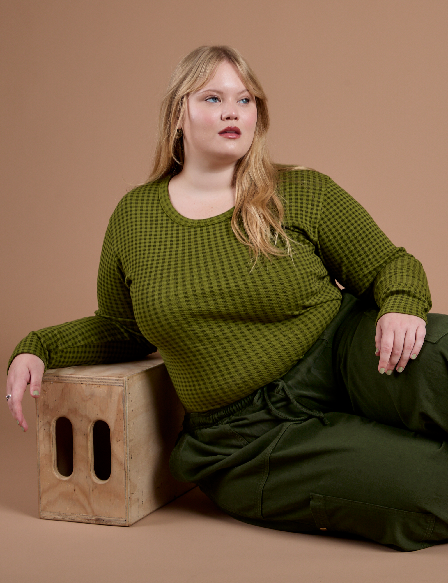 Gingham Long Sleeve Baby Tee in Summer Olive worn by Juliet