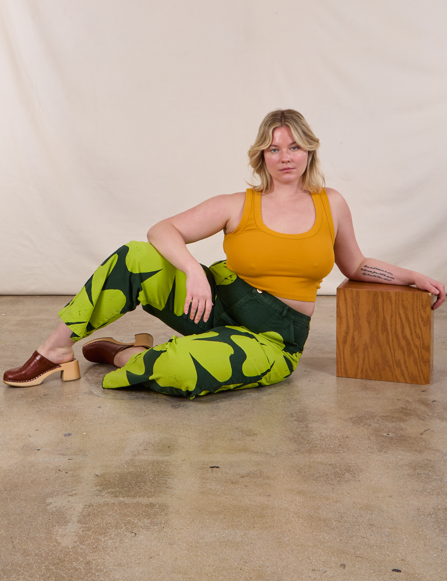 Paintstamped Clover Work Pant and Mustard Yellow Cropped Tank on Lish