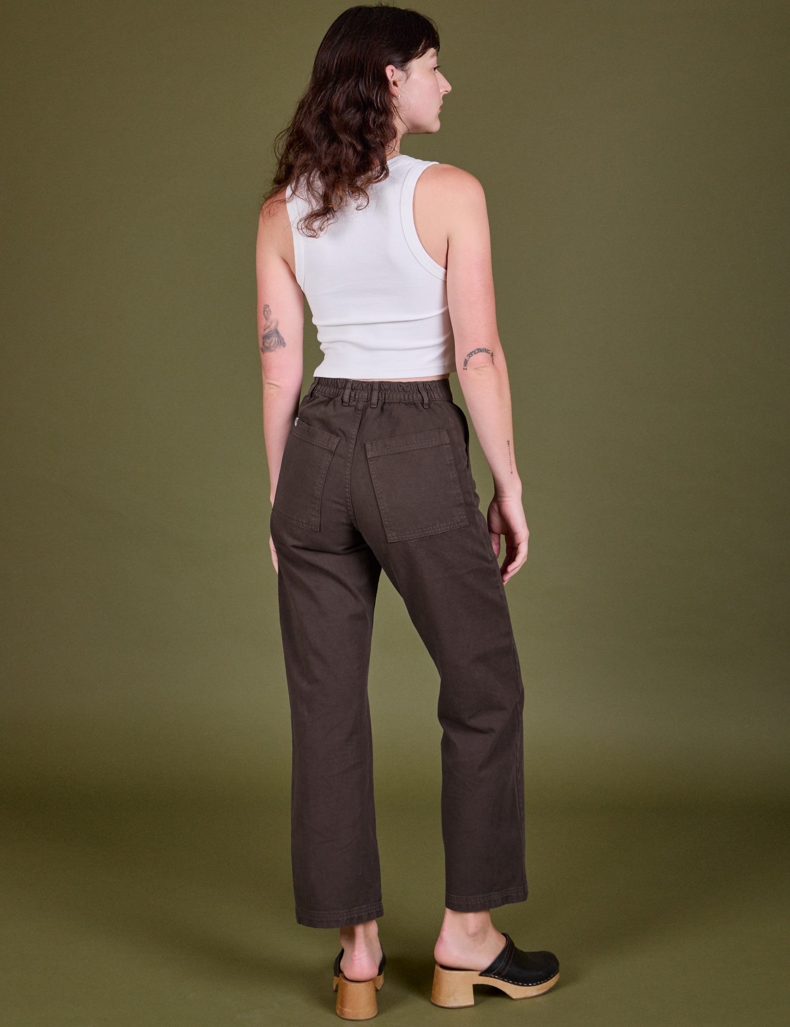 Back view of Guy Colwell Work Pants in Woman &amp; Man and Cropped Tank in Vintage Tee Off-White on Alex