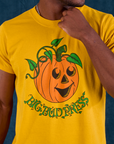  Halloween Organic Tee in Pumpkin close up on Issac