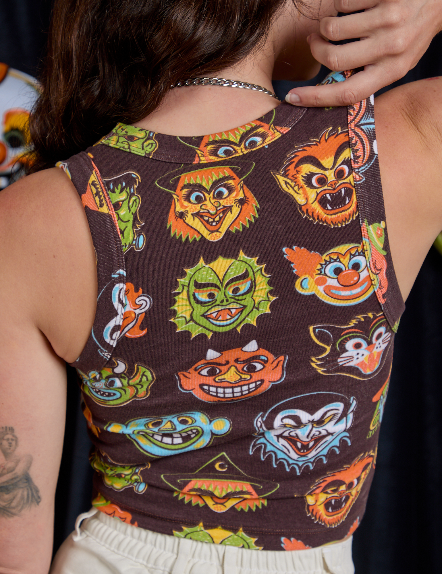 Cropped Tank Top in Halloween Masks back close up on Alex