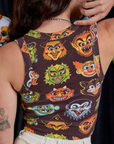 Cropped Tank Top in Halloween Masks back close up on Alex