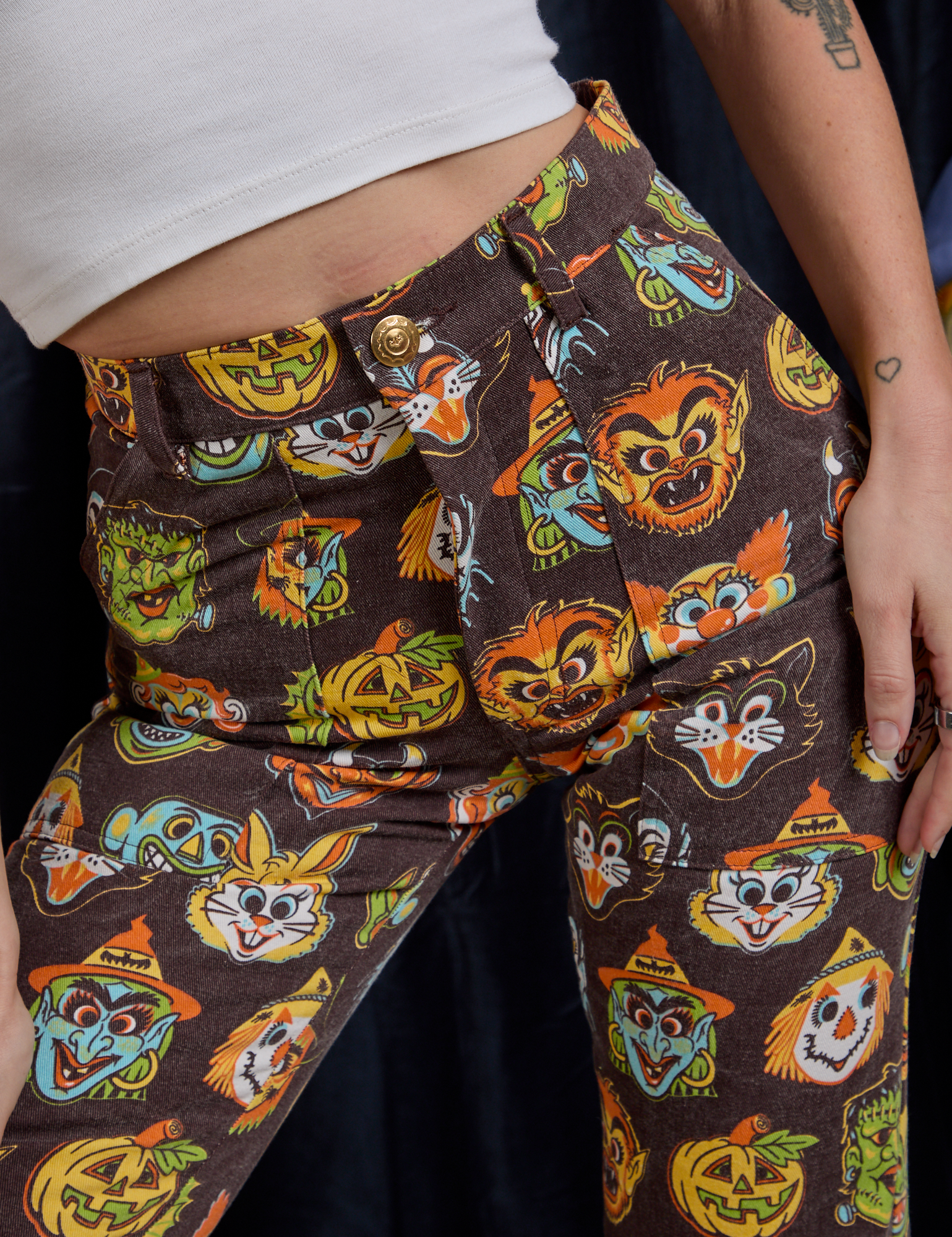 Work Pants in Halloween Masks front close up on Alex