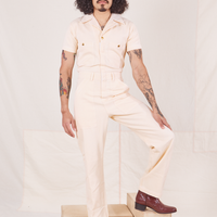 Jesse is 5'8" and wearing size S Heritage Short Sleeve Jumpsuit in Natural