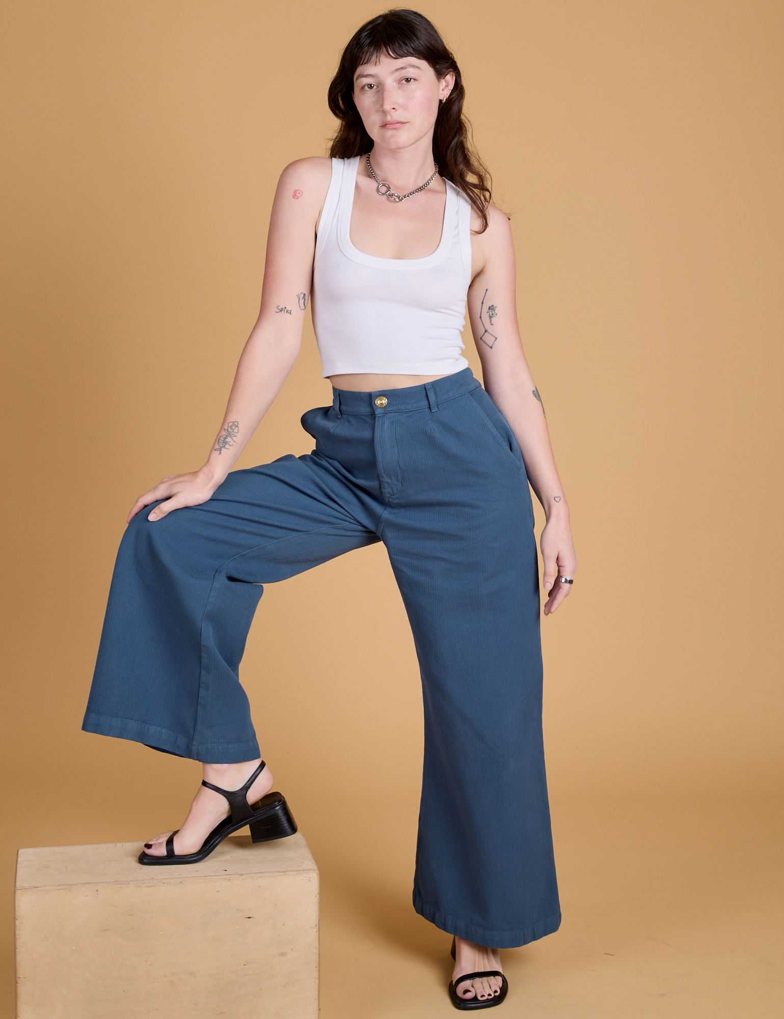 Heritage Wide Leg Trousers in French Blue and Cropped Tank in Vintage Tee White on Alex