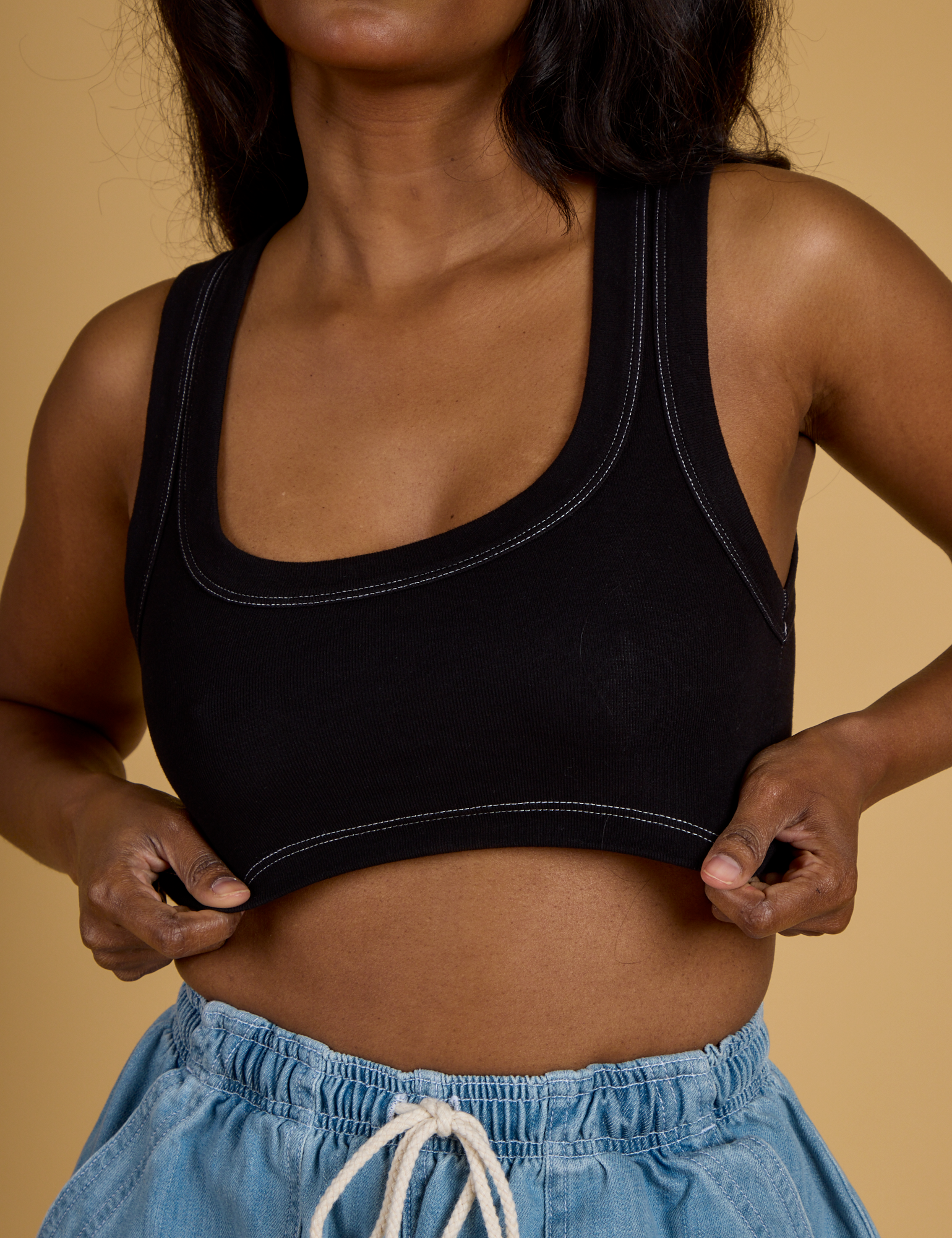 Contrast Stitch Mini Tank - Basic Black