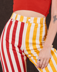 Western Pants in Ketchup/Mustard Stripes front close up on Alex