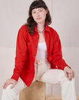 Twill Overshirt in Mustang Red and vintage tee off-white Western Pants worn by Alex